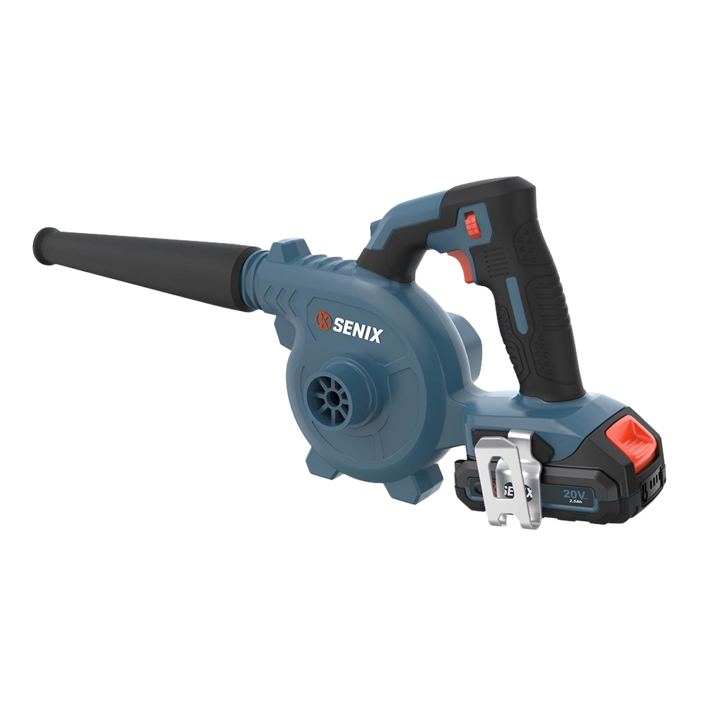 Senix BLVX2-M-EU akülü yaprak üfleme makinesi, 20V batarya ve kemer klipsi