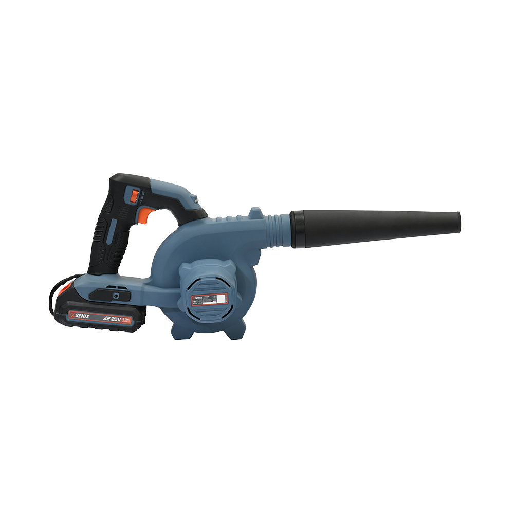 Senix BLVX2-M-EU akülü üfleme makinesi, motor etiketi ve 2.0 Ah batarya