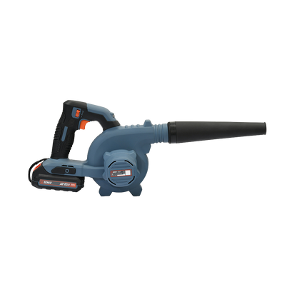 Senix BLVX2-M-EU akülü üfleme makinesi, motor etiketi ve 2.0 Ah batarya