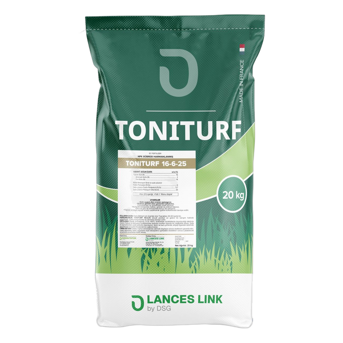 TONITURF 16-6-25 sonbahar-kış çim gübresi 20 kg torba, ön yüz ve etiket