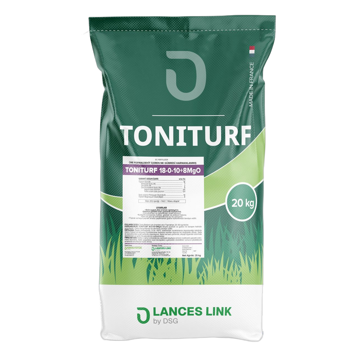 TONITURF 18-0-10 + 8MgO yavaş salınımlı çim gübresi 20 kg torba, ön yüz ve etiket