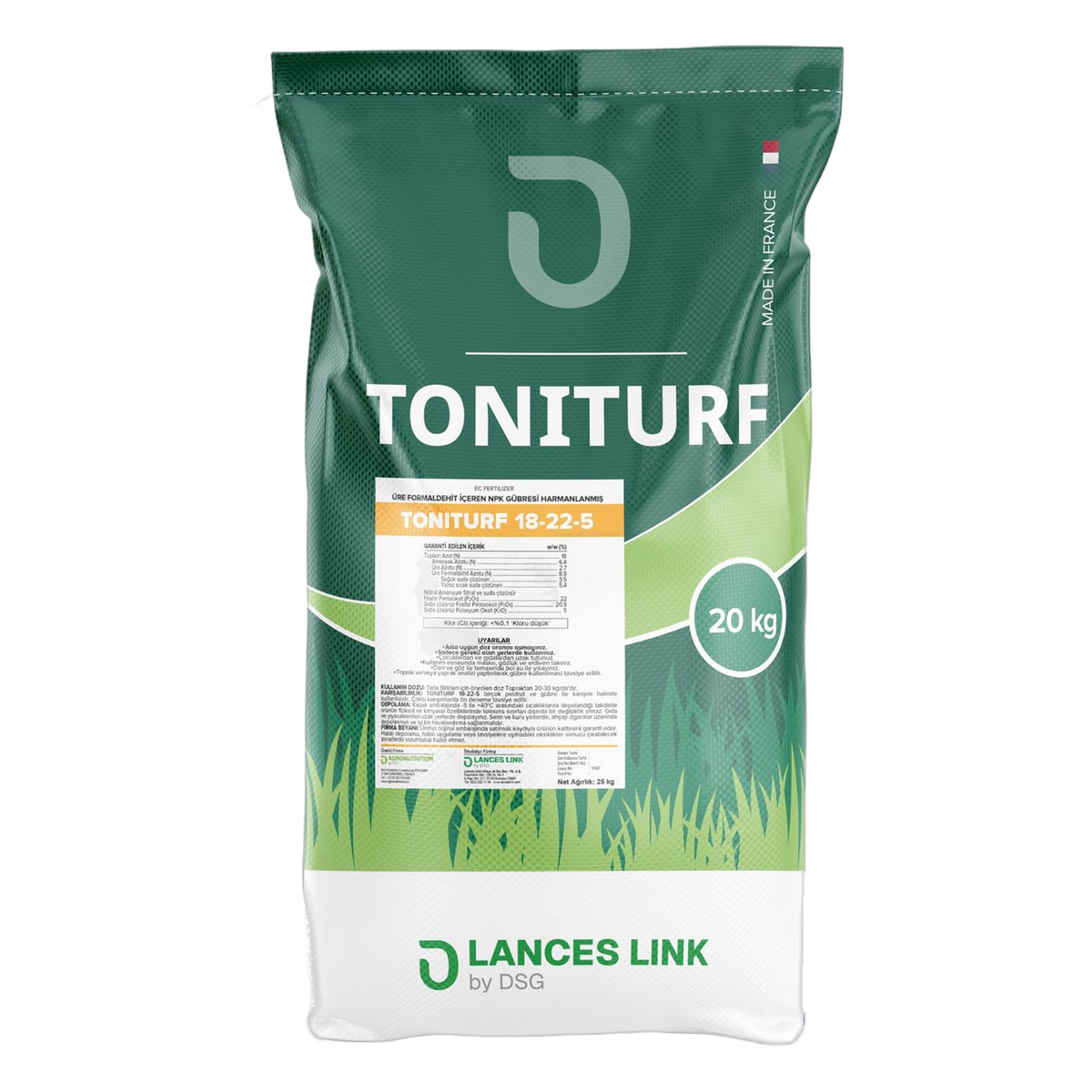 TONITURF 18-22-5 çim ekimi başlangıç gübresi 20 kg torba, ön yüz ve etiket