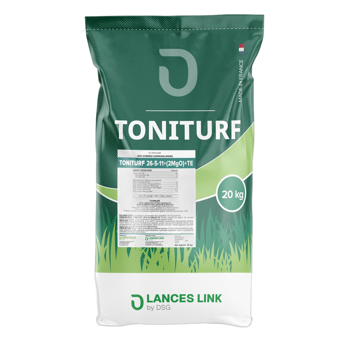 TONITURF 26-5-11 + 2MgO + TE yüksek azotlu çim gübresi 20 kg torba, ön yüz ve etiket